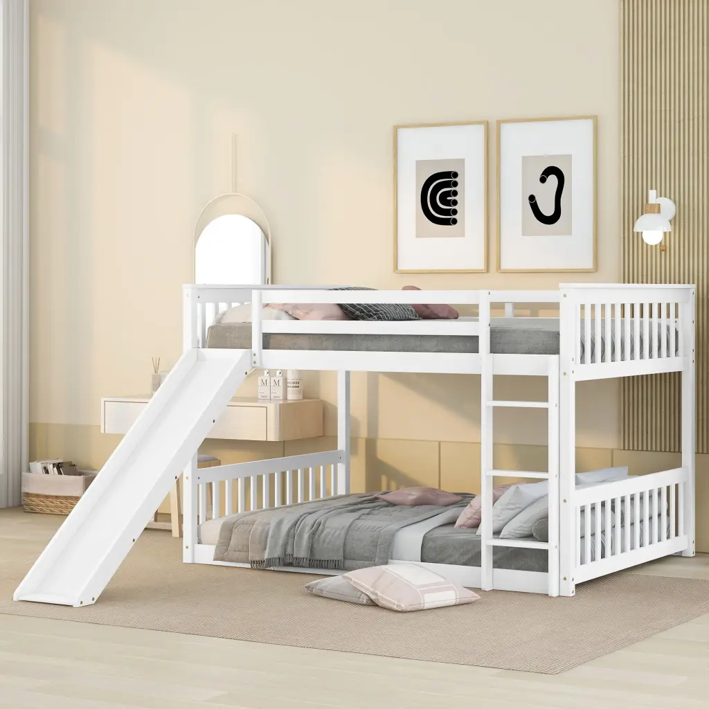 Full Over Full Bunk Bed Slide And Ladder White Color fangxing