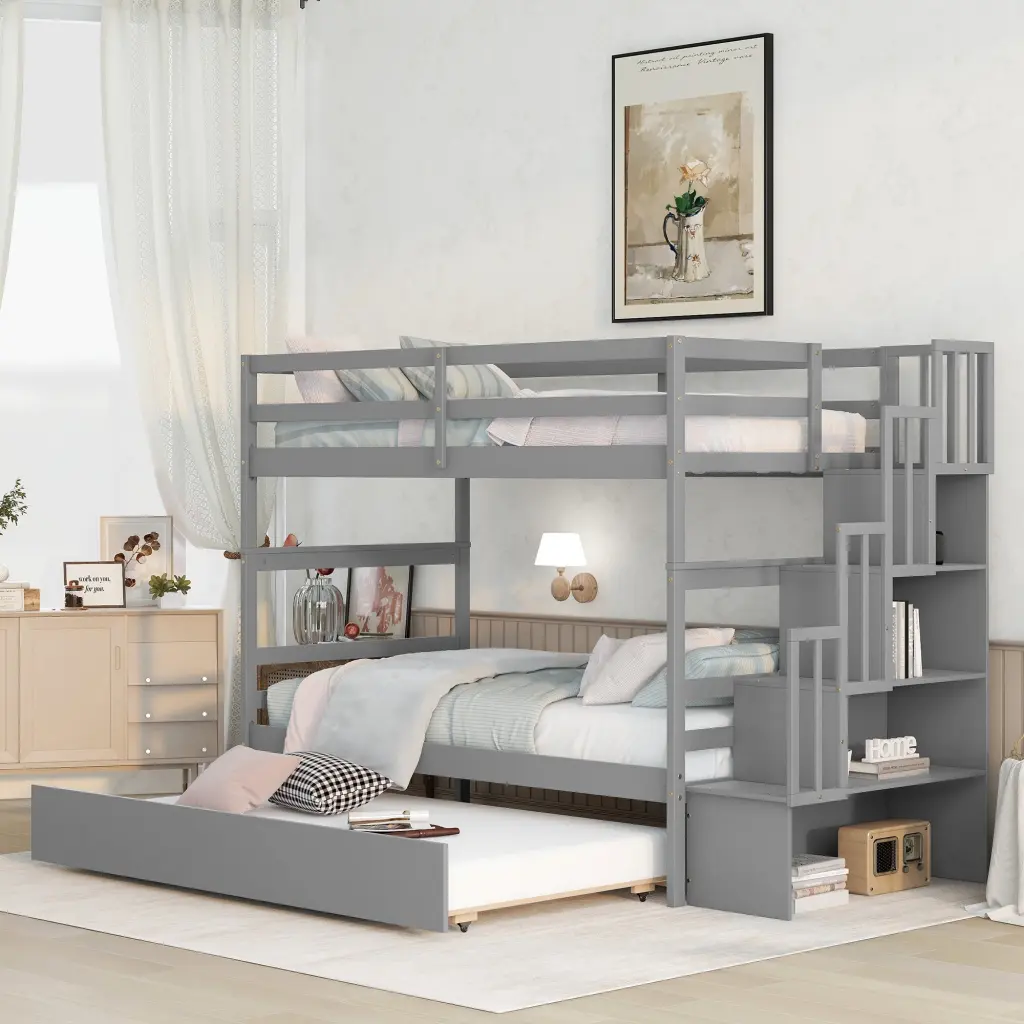 Twin Over Twin Bunk Beds Twin Trundle and Stairway Storage Function fangxing