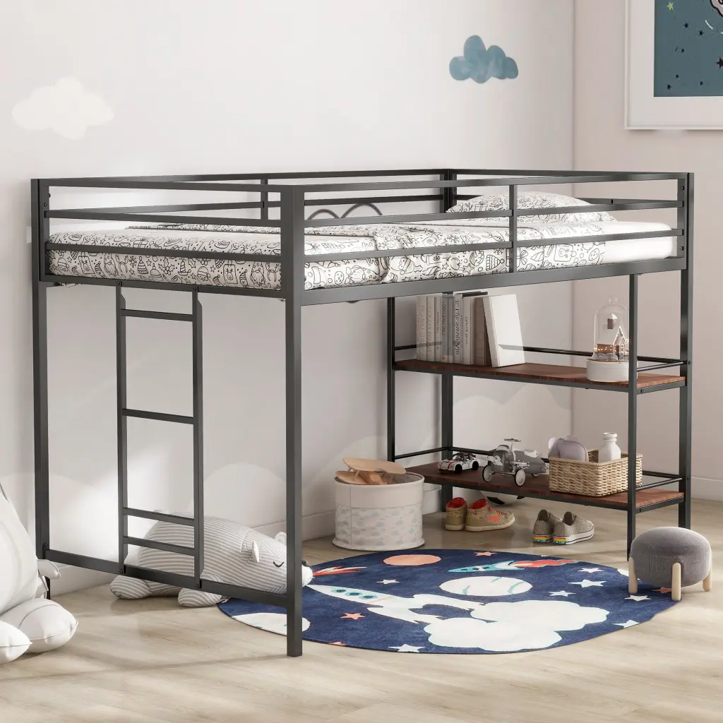 Adam Junior Twin Loft Bunk Black Cinnamon Wood Shelf Box Spring house - home furniture