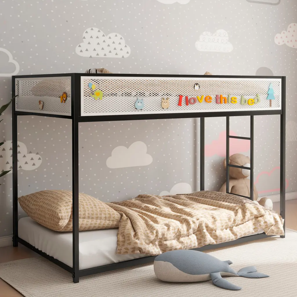 Adam Twin Bunk Bed Black White Mesh Guard Rail No Box Spring house - home furniture