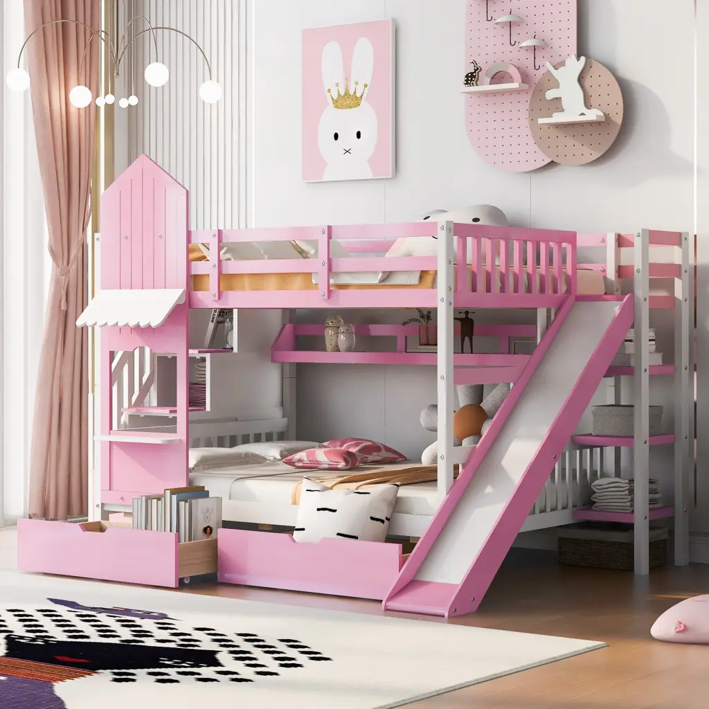 Full Over Full Castle Style Bunk Bed 2 Drawers 3 Shelves And Slide lucky furniture