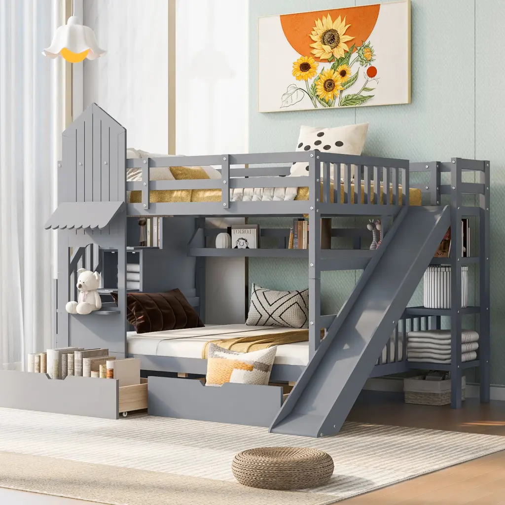 Full Over Full Castle Style Bunk Bed 2 Drawers 3 Shelves And Slide lucky furniture
