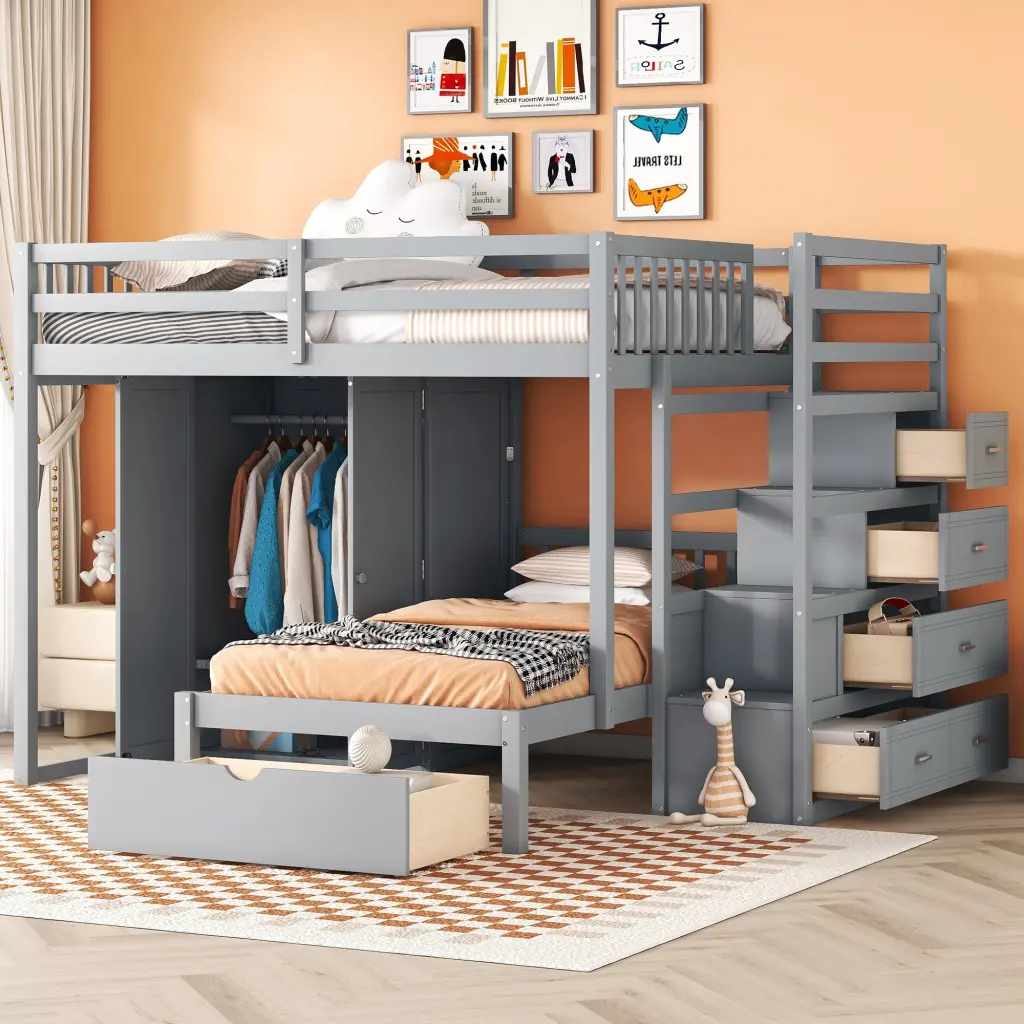 Full Over Twin Bunk Bed Wardrobe, Drawers, Gray Solid Wood lucky furniture