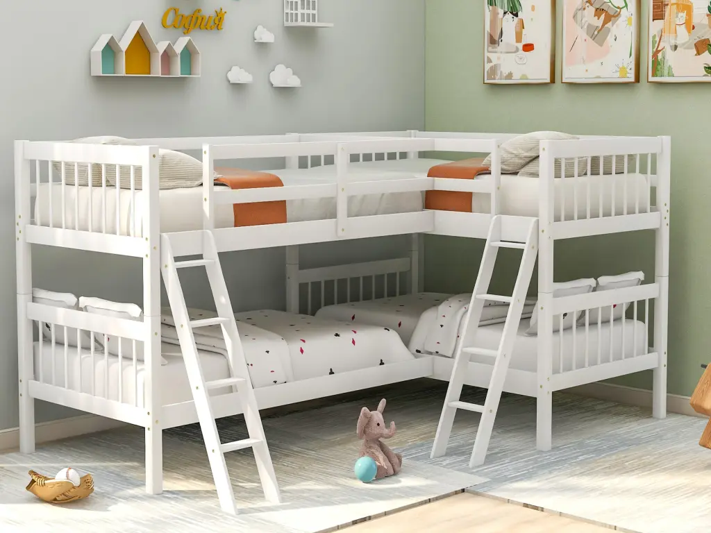 L Shaped Twin Size Gray Bunk Bed Ladder Kids lucky furniture