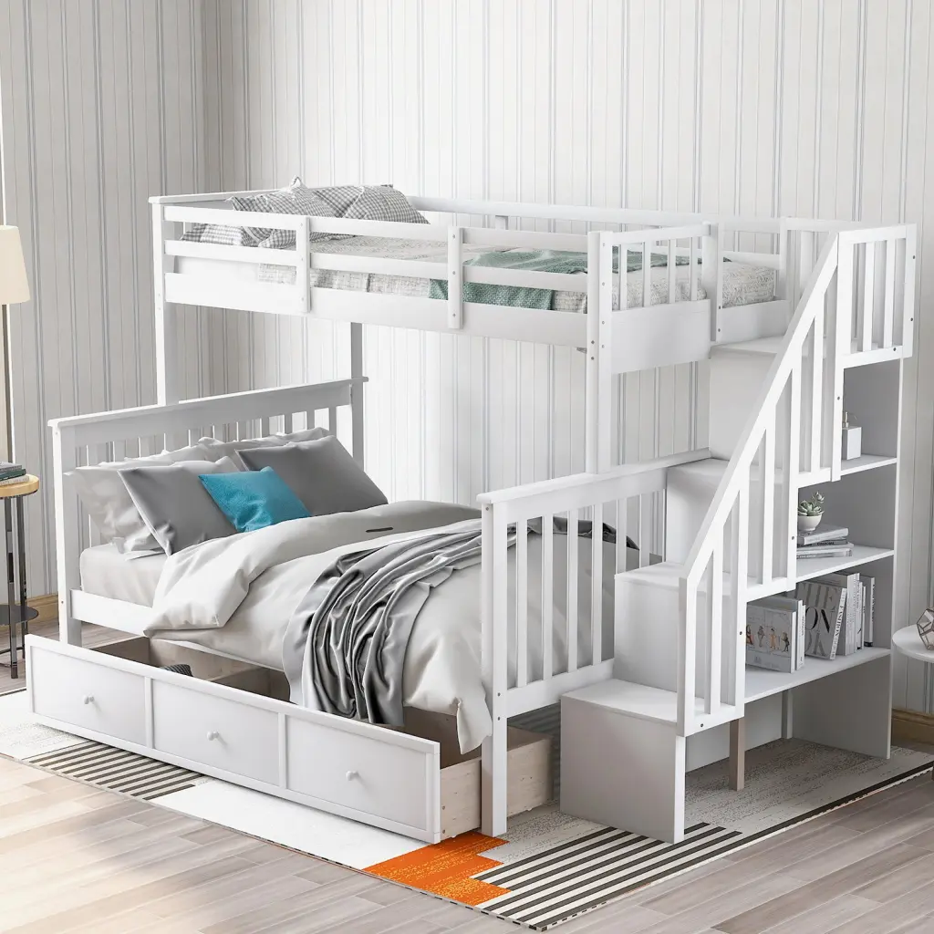 Stairway Twin Over Full Bunk Bed Drawer Storage And Guard Rail lucky furniture