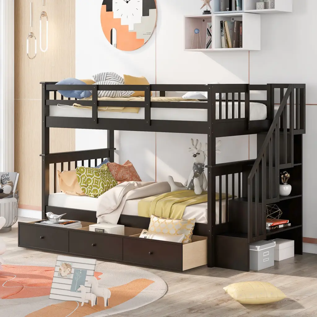 Stairway Twin Over Twin Bunk Bed Three Drawers Bedroom Dorm lucky furniture