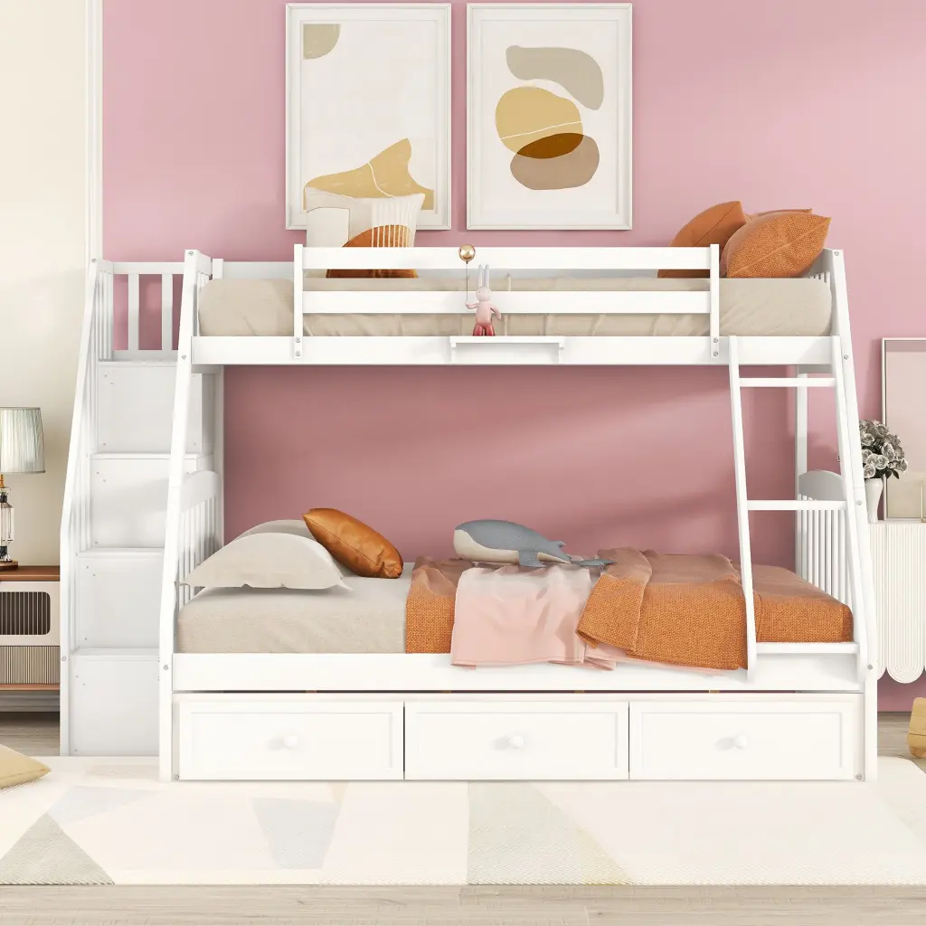 Twin Over Full Bunk Bed Drawers Ladder And Storage Staircase White lucky furniture