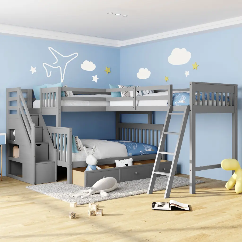 Twin Over Full L Shaped Bunk Bed 3 Drawers Ladder and Staircase lucky furniture