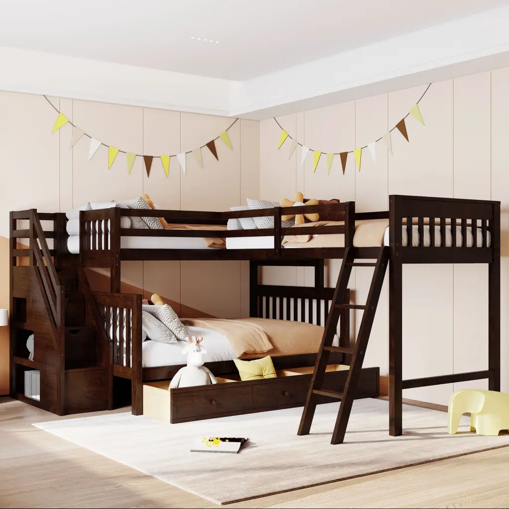 Twin Over Full L Shaped Bunk Bed 3 Drawers Ladder and Staircase lucky furniture