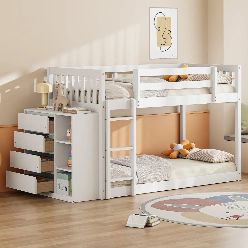 Twin Over Twin Bunk Bed 4 Drawers and 3 Shelves White Kids Room lucky furniture