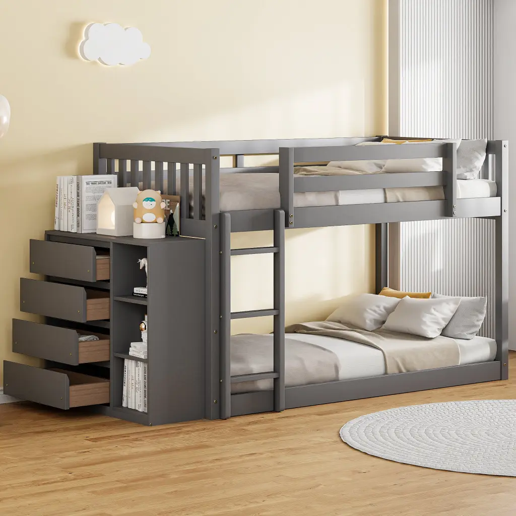 Twin Over Twin Bunk Bed 4 Drawers and 3 Shelves Gray Space Saving Kids Bed lucky furniture