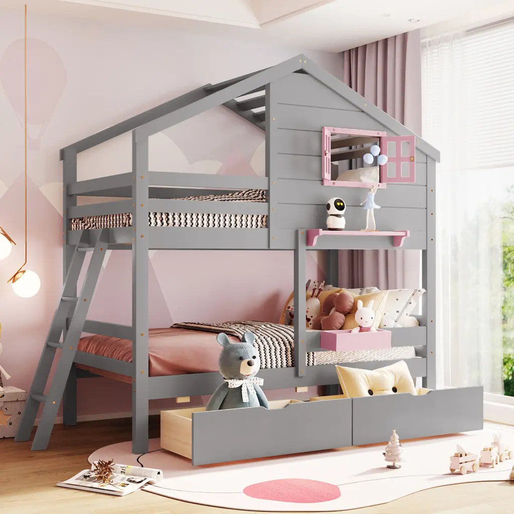 Twin Over Twin Bunk Bed 2 Drawers 1 Storage Box 1 Shelf Window Guardrails lucky furniture