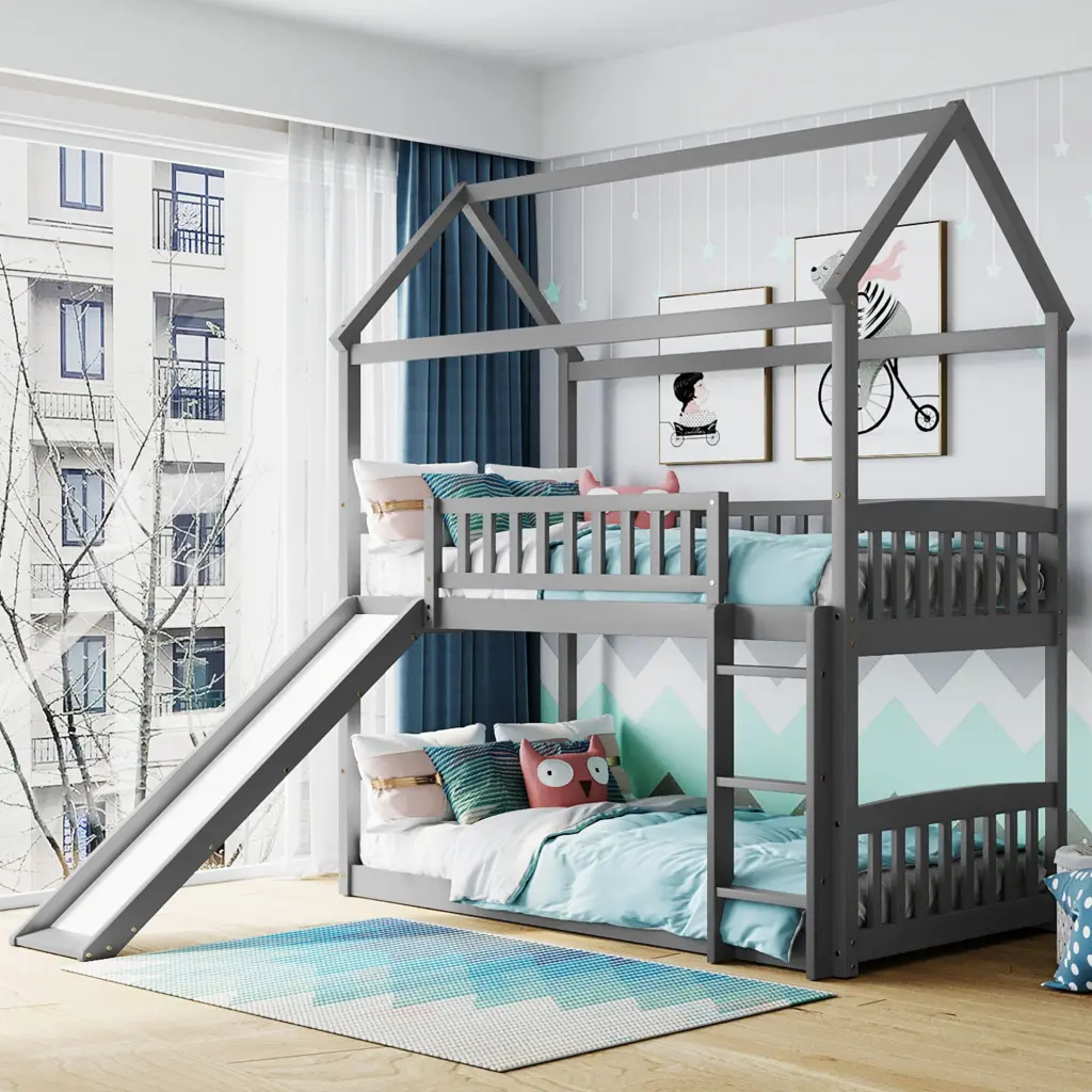 Twin Over Twin Bunk Bed Slide Gray Wooden Kids Bed lucky furniture