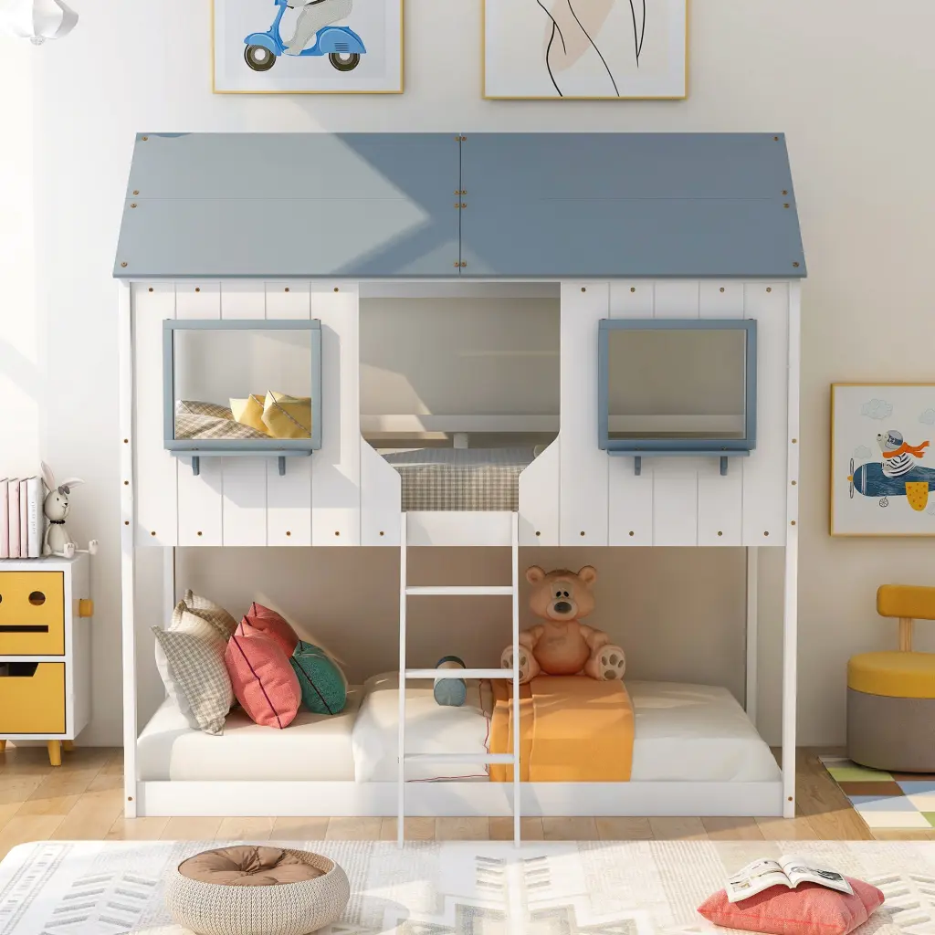 Twin Over Twin Bunk Bed Wood Bed Roof Window Guardrail Ladder Kids Bedroom Furniture lucky furniture