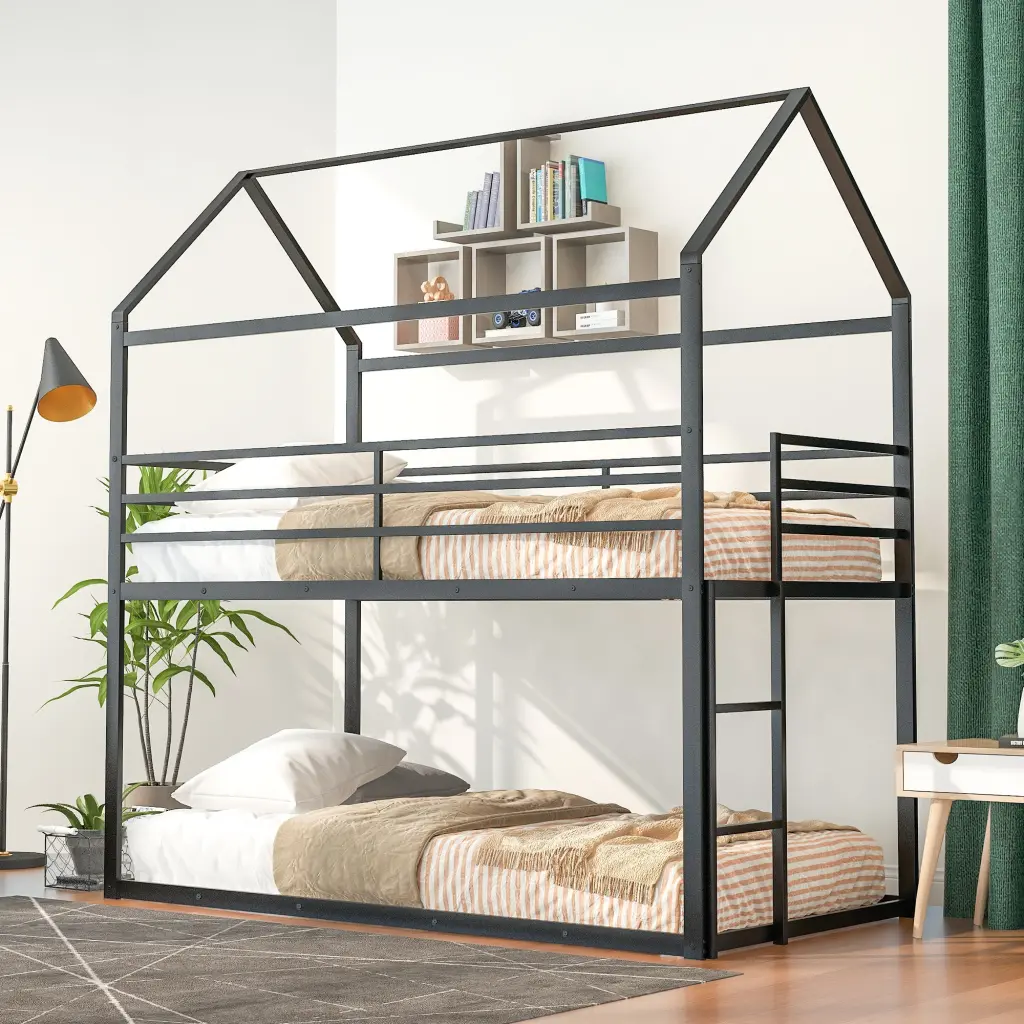 Twin Over Twin Bunk Beds Kids Metal Bed Frame Sturdy Construction lucky furniture