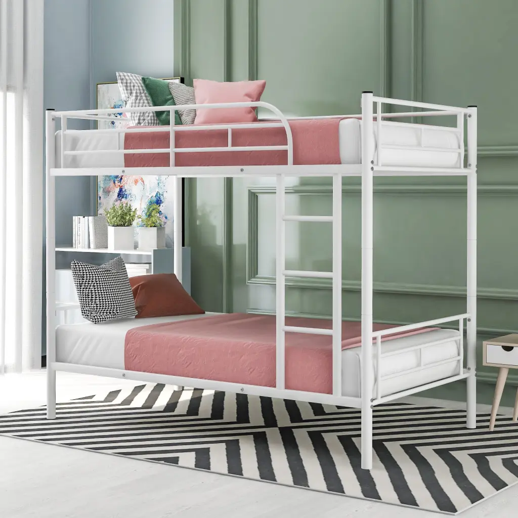 Twin Over Twin Metal Bunk Bed White Frame Kids Room Space Saving Design lucky furniture