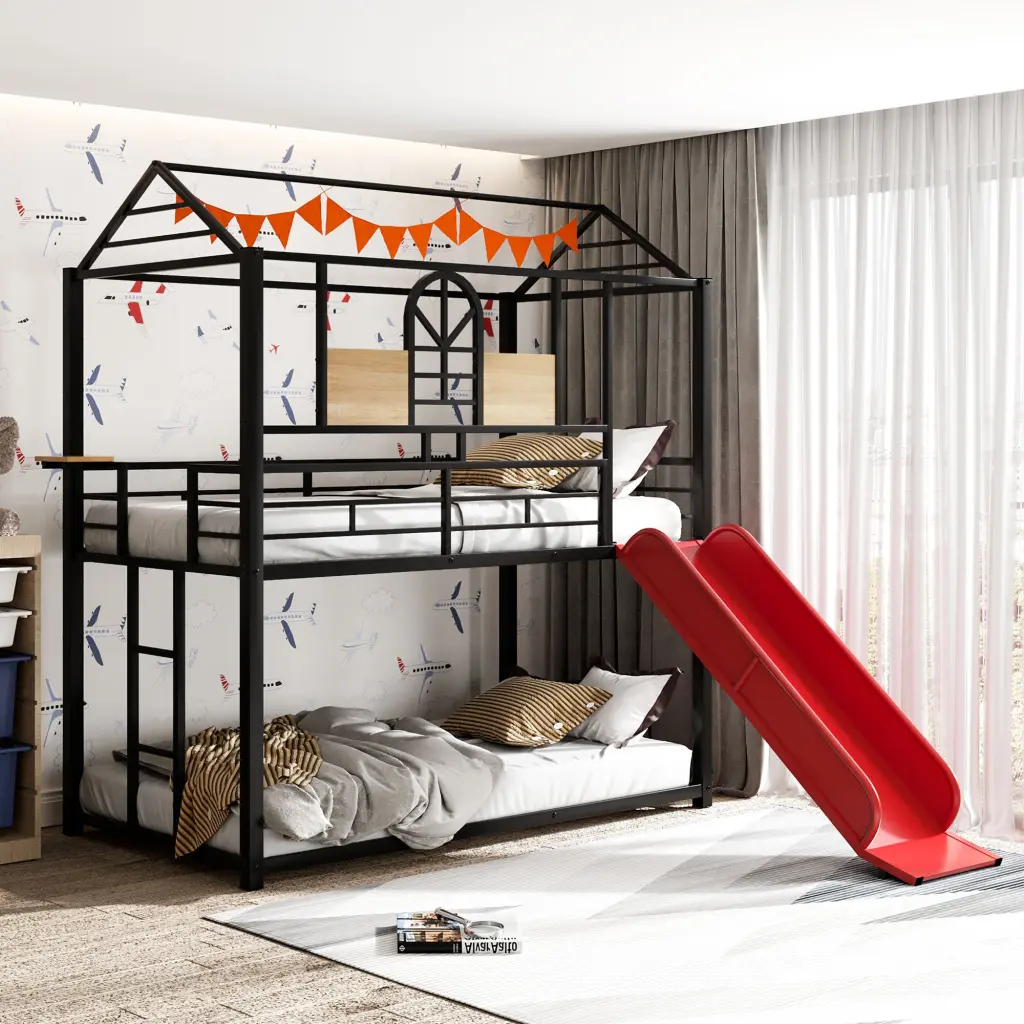 Twin Over Twin Metal Bunk Bed Slide Three Colors Kids Bunk Bed lucky furniture