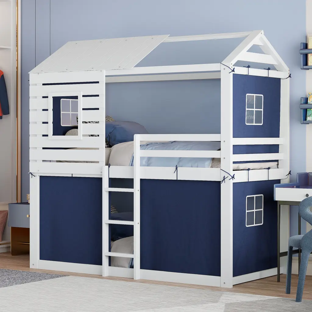 Twin Size Bunk Wood Bed Tent Blue White Kids Playhouse Sleep System lucky furniture