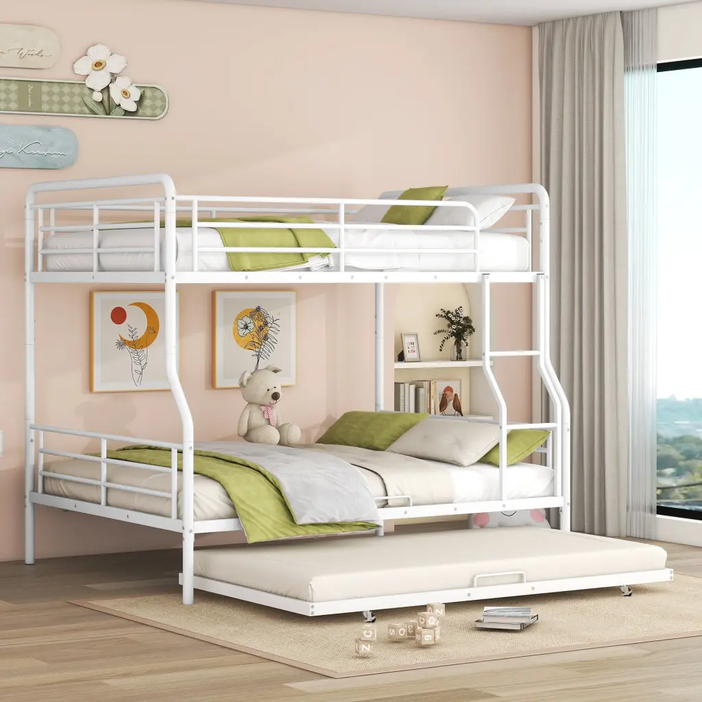 Full XL Over Queen Metal Bunk Bed Twin Size Trundle White lucky world