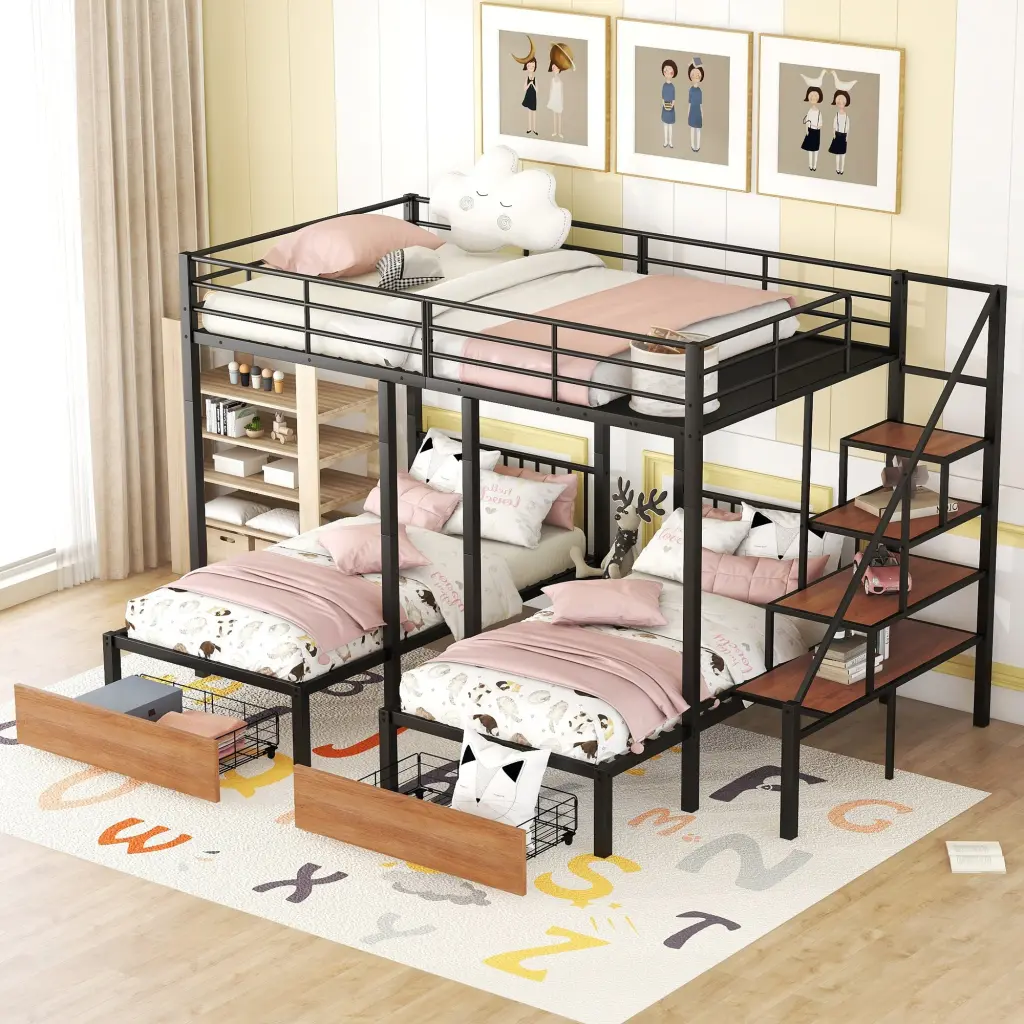Full Over Twin Triple Bunk Bed Drawers and Staircase Black lucky world