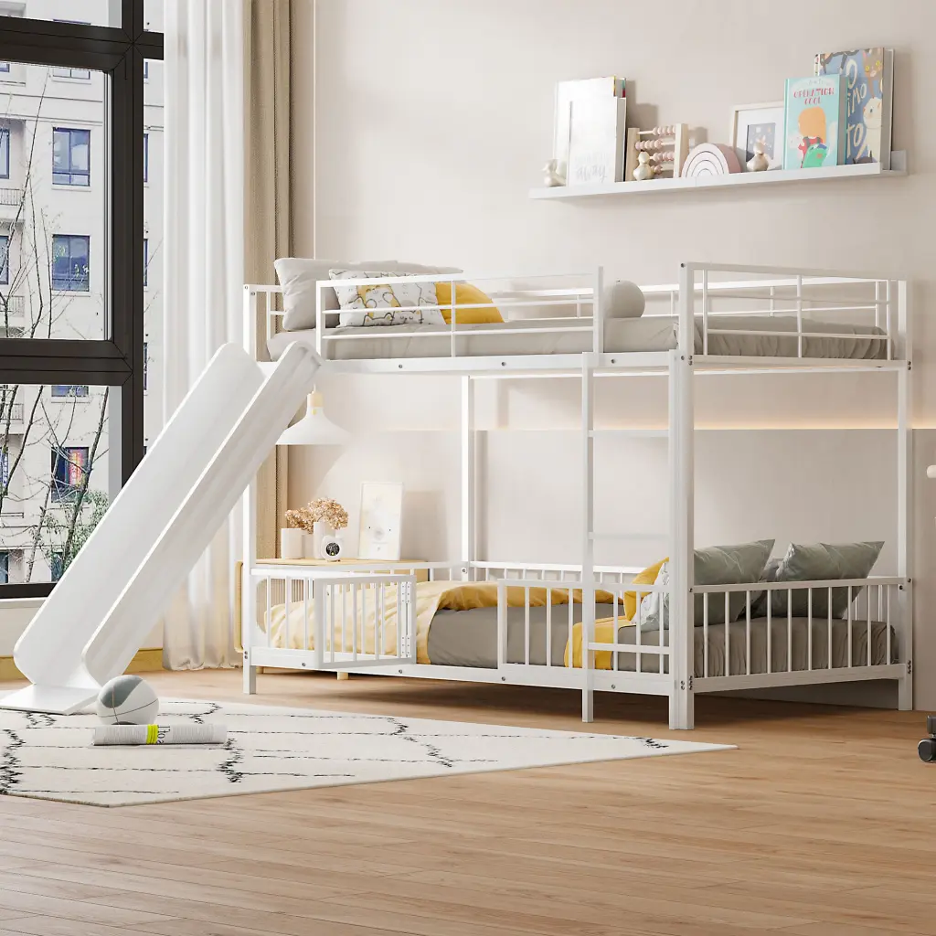Twin Over Twin Size Metal Bunk Bed Slide and Guardrails White lucky world