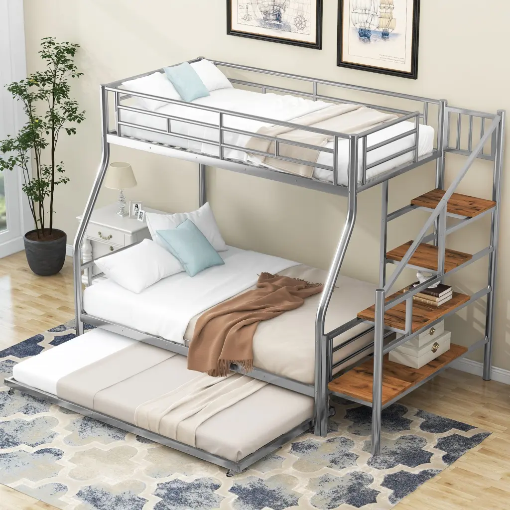 Twin Over Full Size Metal Bunk Bed Trundle and Storage Staircase Kids wm dreamland