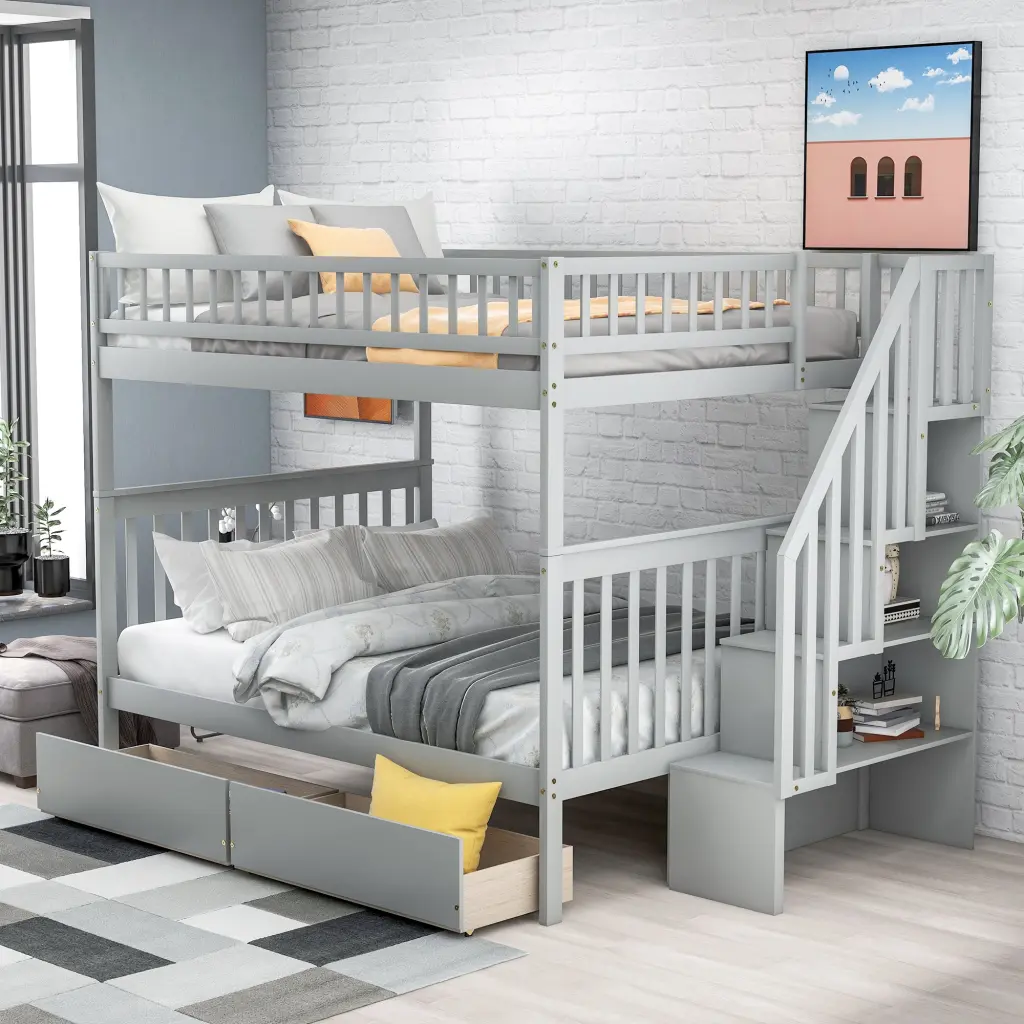 Full Over Full Bunk Bed Two Drawers and Storage Gray Pine wm store