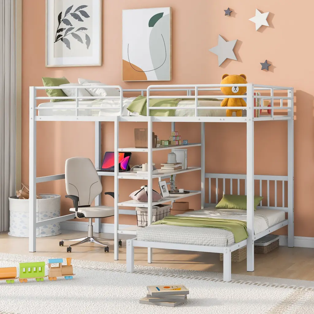 Full Over Twin Metal Bunk Bed Built- Desk Shelves Ladder wm store