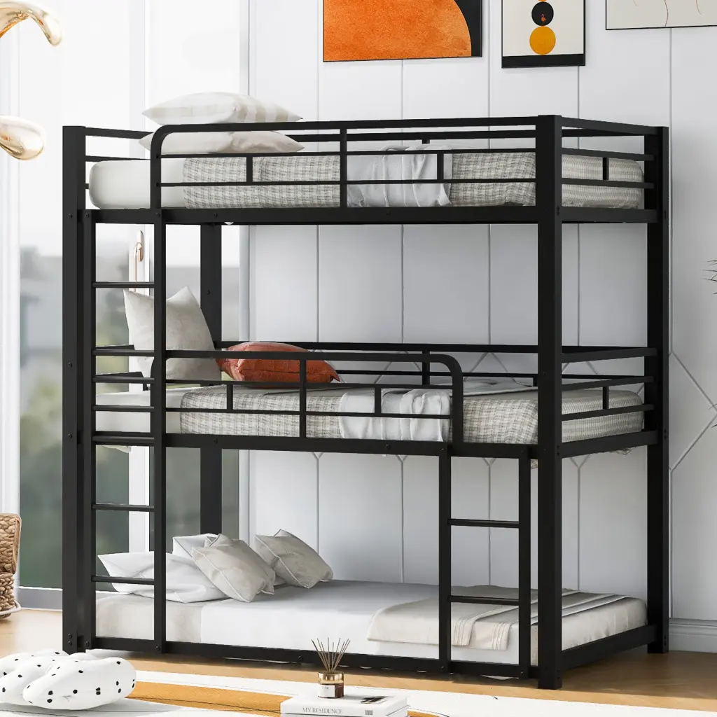 Metal Twin Size Triple Bunk Bed Black Space Saving wm store