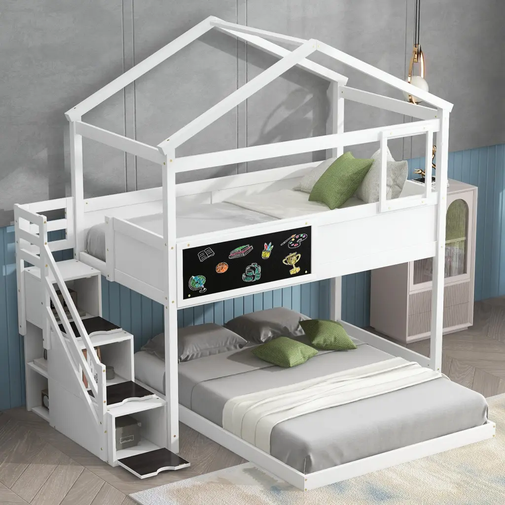 Twin Over Full Bunk Bed Storage Staircase and Blackboard White wm store