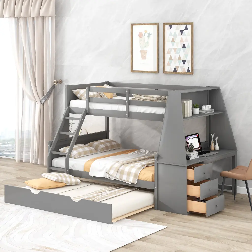 Twin Over Full Bunk Bed Trundle And Constructed Desk Three Storage Drawers wm store