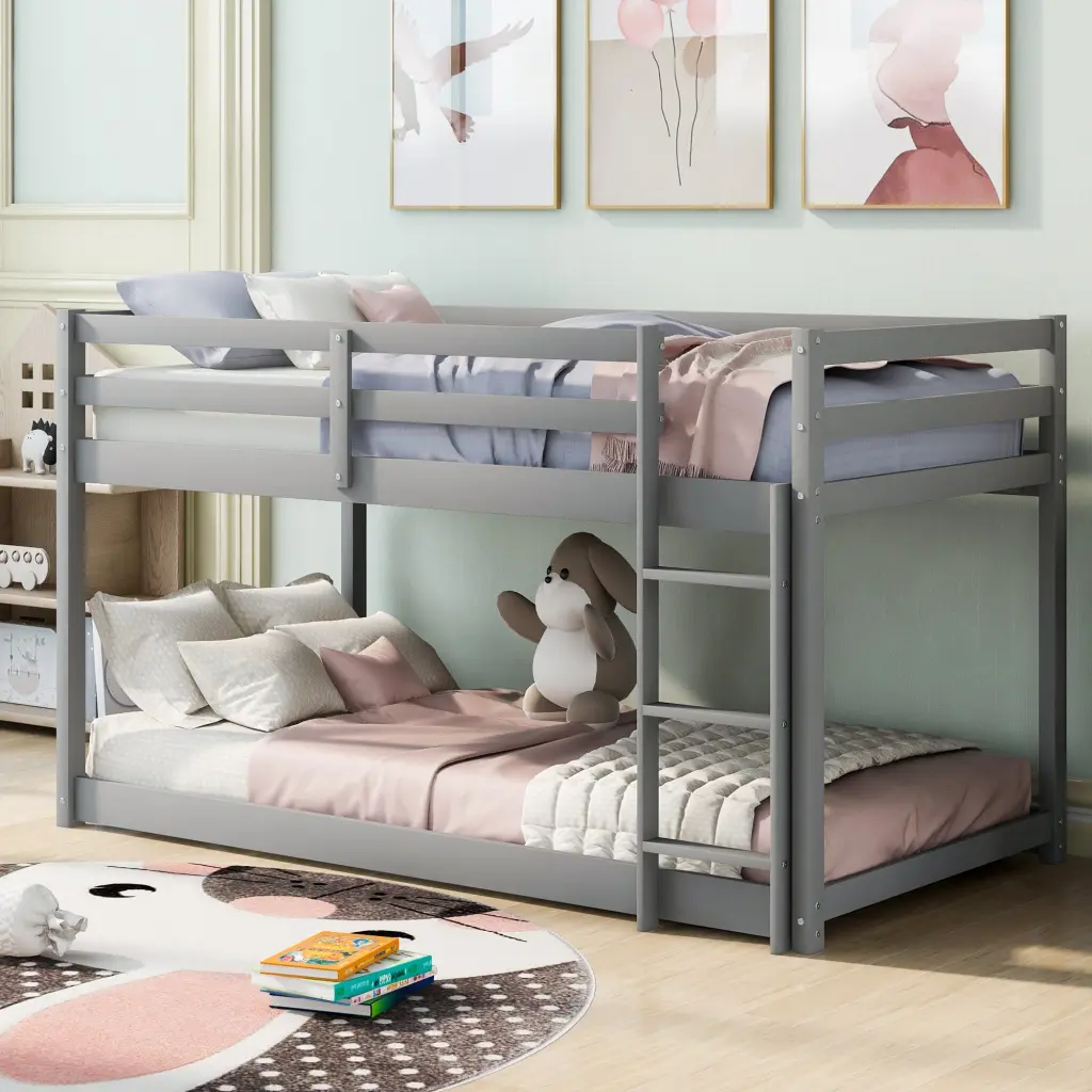 Twin Over Twin Floor Bunk Bed Ladder Gray Space Saving Kids Bed wm store