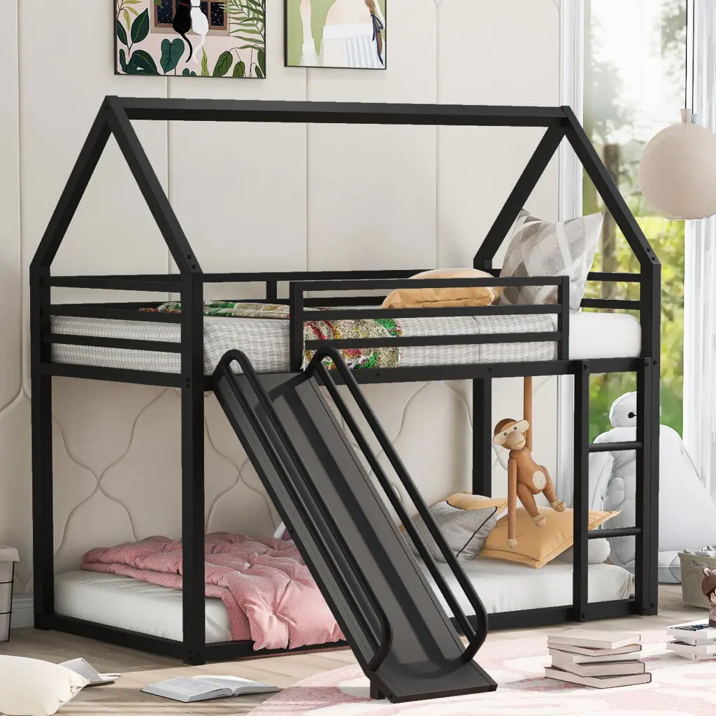 Twin Over Twin Houtilize Bunk Bed Ladder and Slide Black wm store
