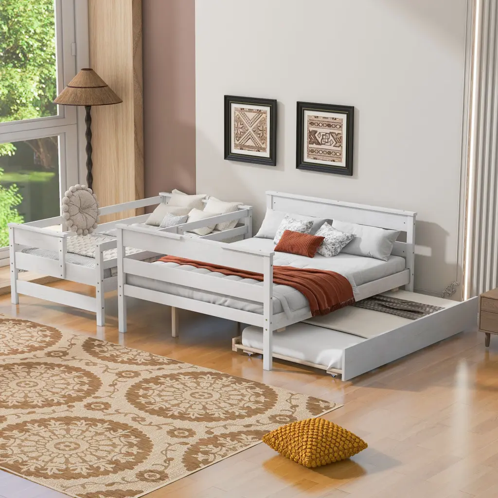 Wood Twin Over Full Bunk Bed Twin Size Trundle White Box Spring Included wm store