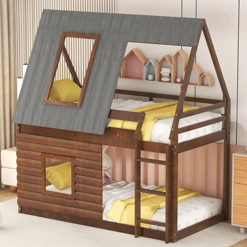 Wood Twin Size Houtilize Bunk Bed Roof Ladder And 2 Windows Oak Finish wm store