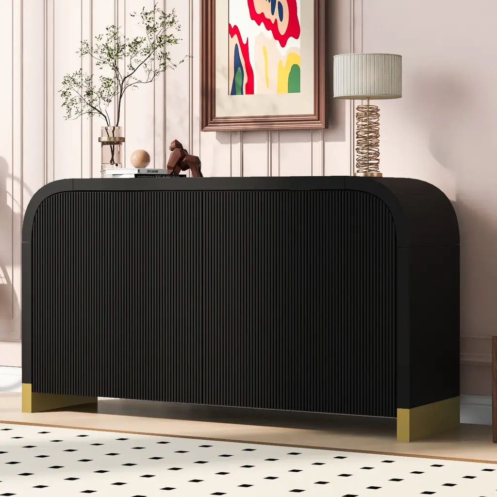 4 Door Curved Corner Design Wavy Door Panel Cabinet Adjustable Shelves Storage Cabinet u_style