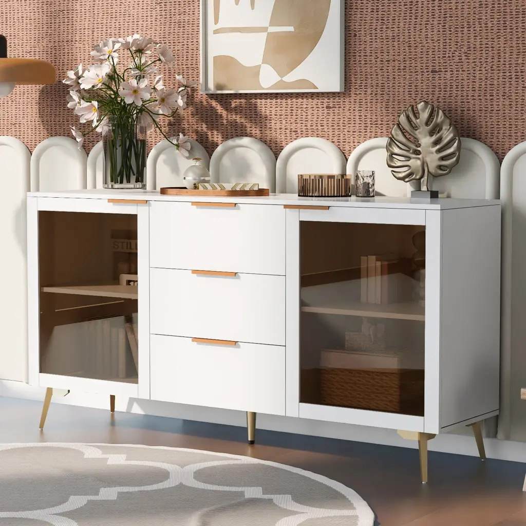 Highlighted Two Door Storage Cabinet Three Drawers and Metal Handles u_style