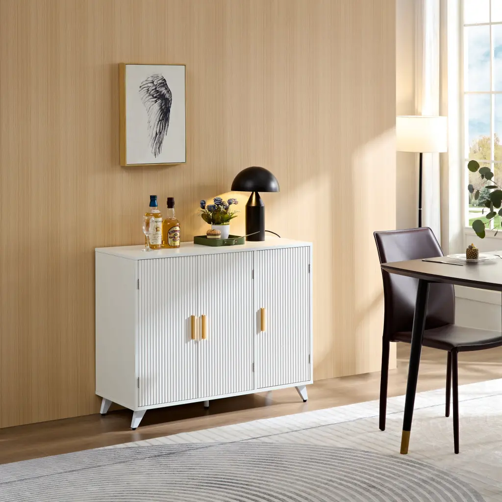 Ideboard Wavy Texture Buffet Cabinet White Accent Cabinet Drawers yanshangwu
