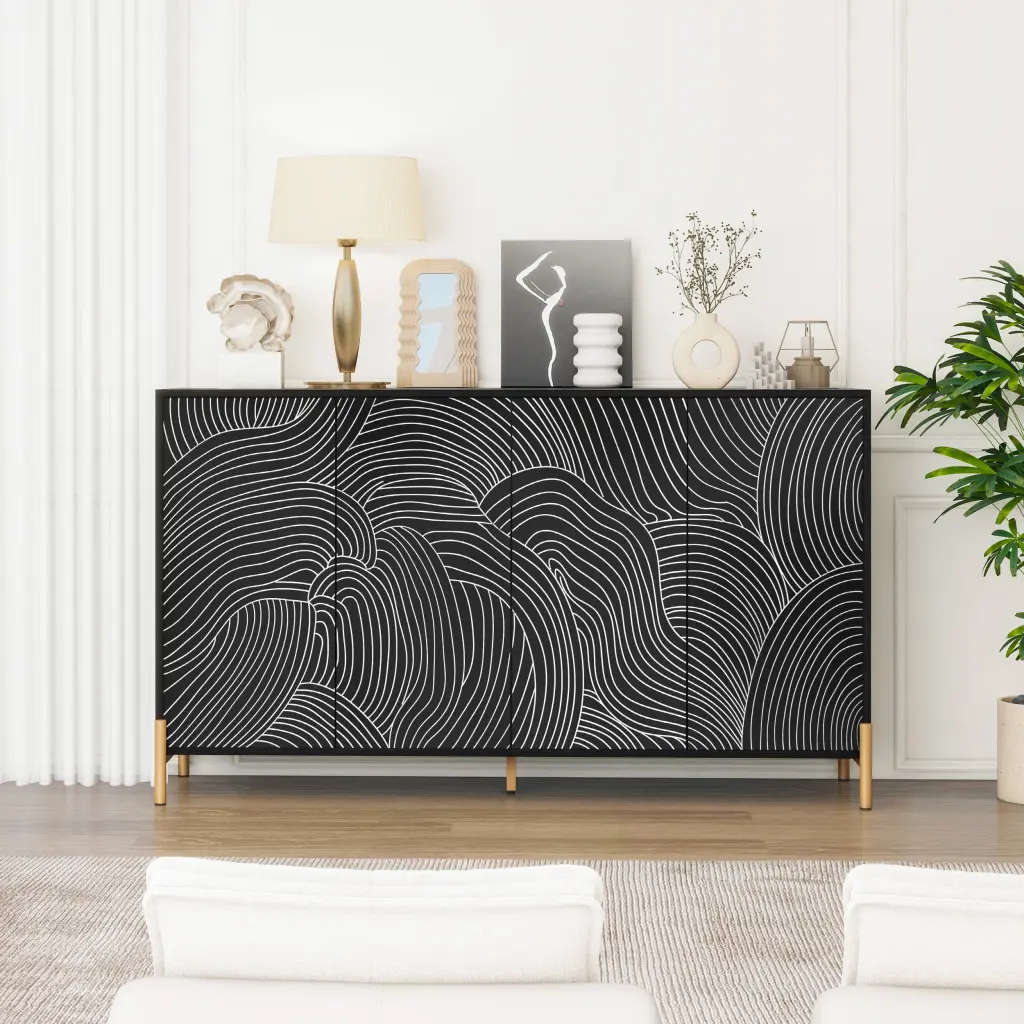 Carved 4 Door Sideboard Buffet Cabinet Ample Storage and Stylish Design rnb