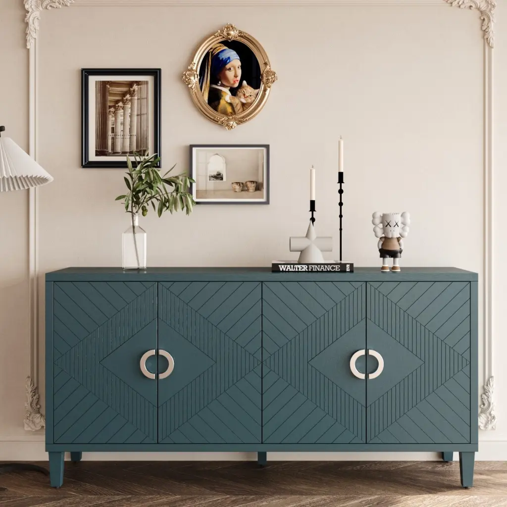 Chic 4 Door Storage Cabinet Pine Legs and MDF Modern Home Organization rnb
