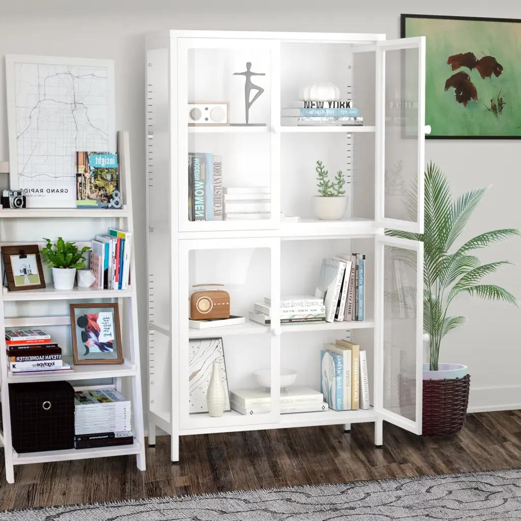 Four Glass Door Storage Cabinet Adjustable Shelves and Feet Living Room rnb