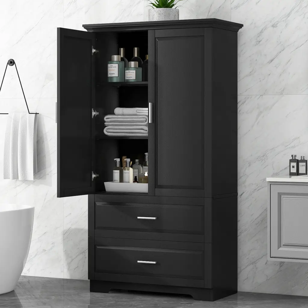 Tall Bathroom Storage Cabinet Two Doors And Drawers Adjustable Shelves Modern Bathroom Organizer rnb