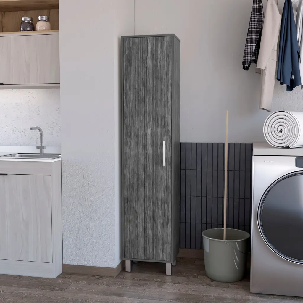 Lawen Tall Storage Cabinet, Single Door, 3 Broom Hangers Gray Kitchen rta mubles colombia