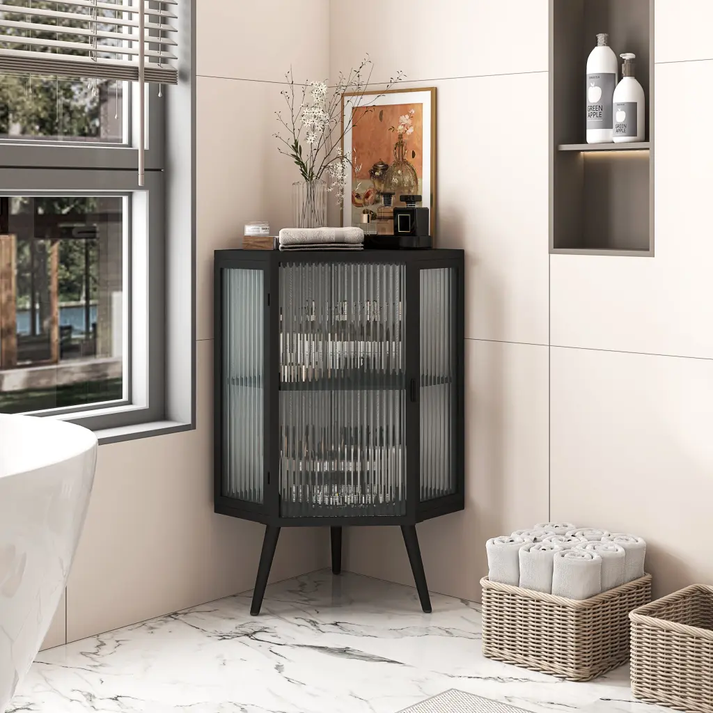 22.25 Inch Floor Corner Cabinet Tempered Glass Door Storage Shelves Living Room spribung