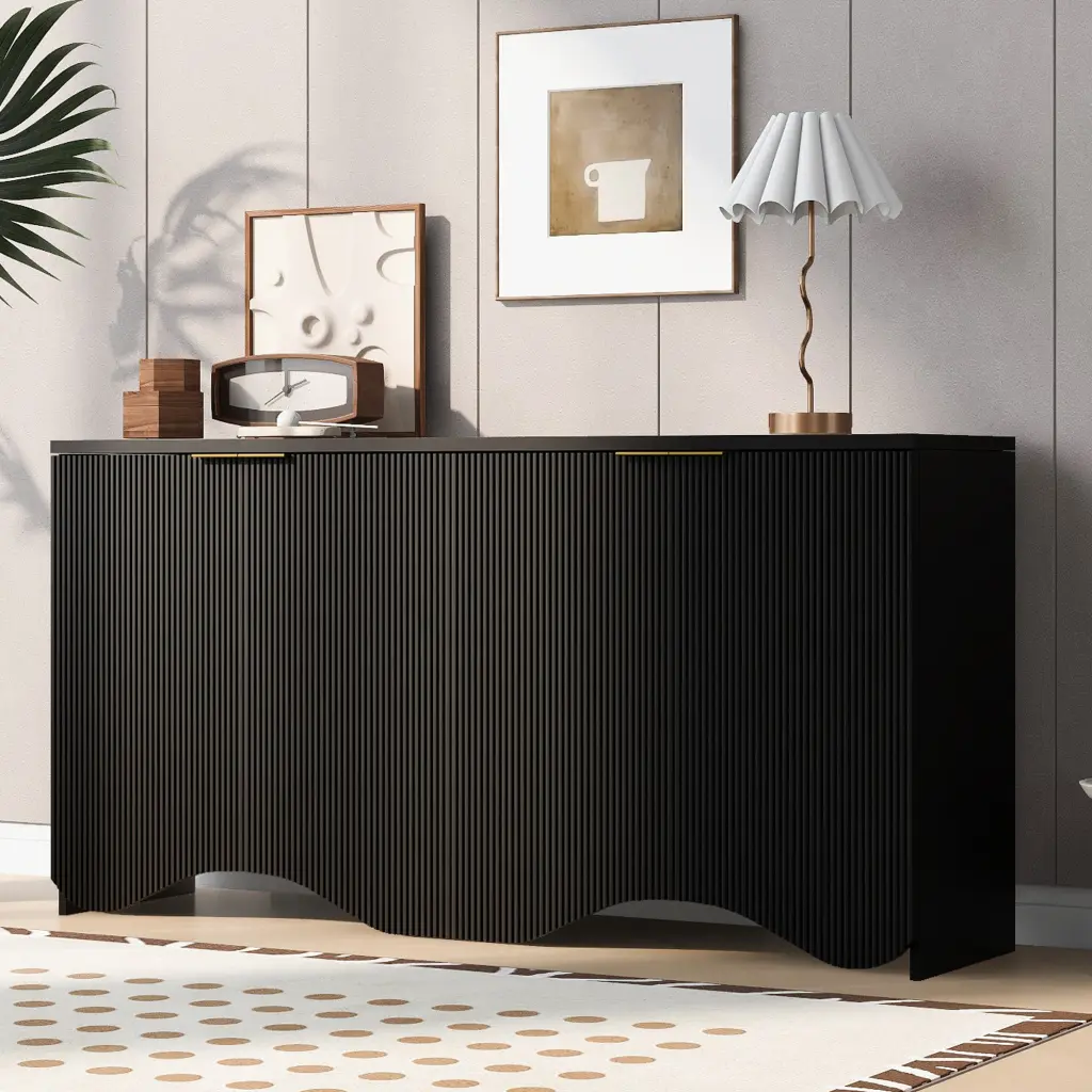 Vertical Stripes And Wavy Design Four Door Cabinet Suitable Living Room u_style