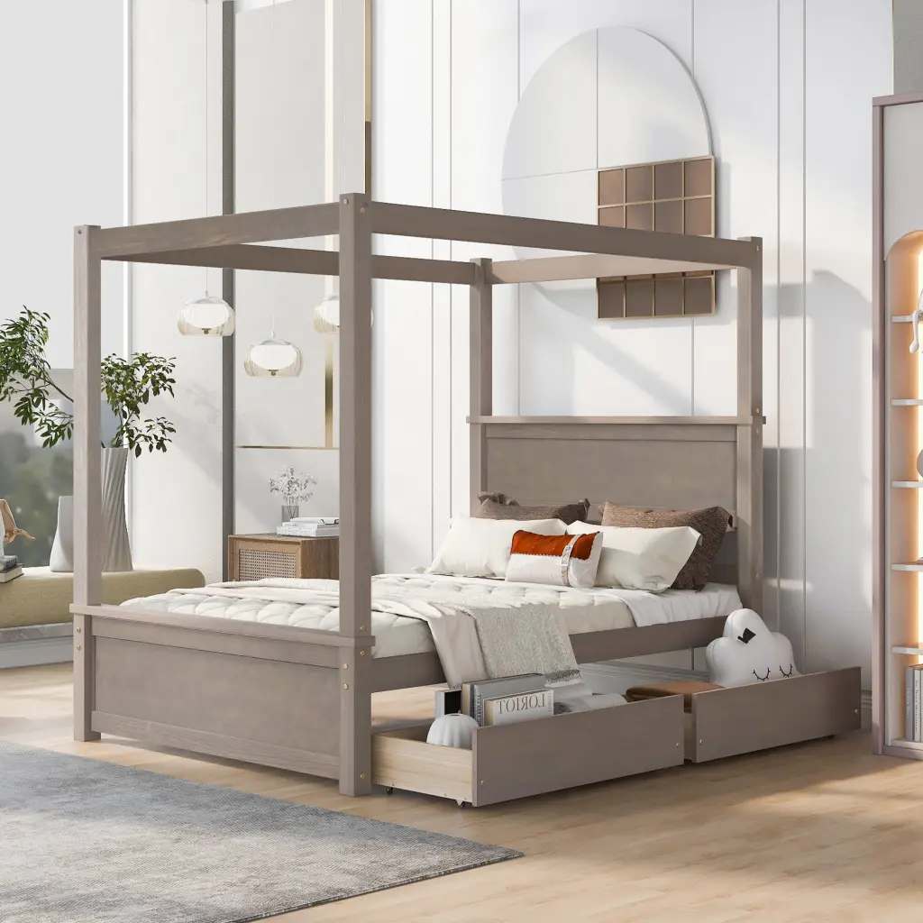 Full Size Wood Canopy Bed Two Drawers Storage Platform Bed Frame lucky furniture