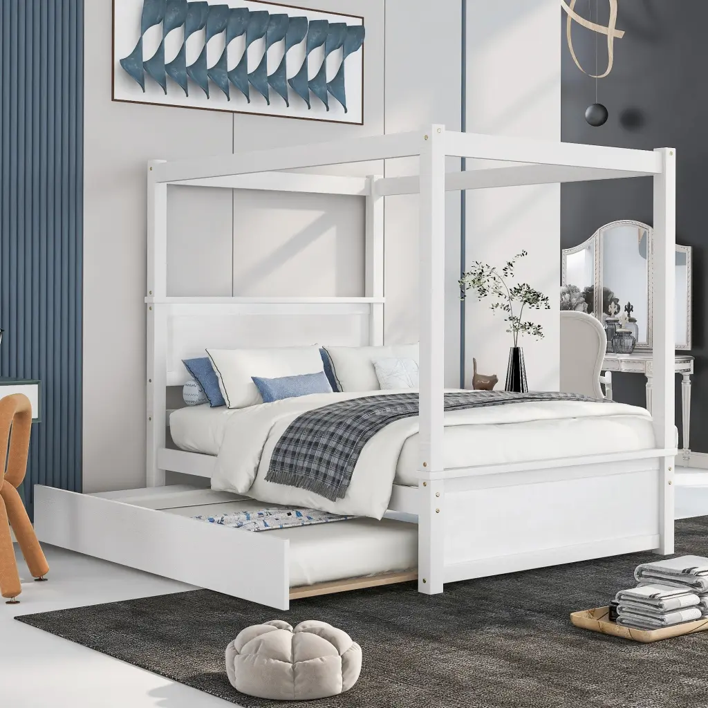 Wood Canopy Bed Trundle Bed, Full Size Canopy Platform Bed Storage lucky furniture