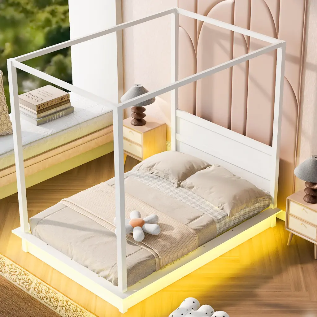 Full Size Wood LED Canopy Bed Substantial Slats Platform lucky home