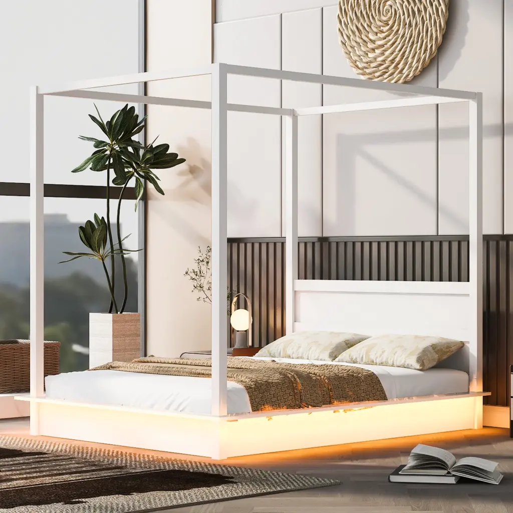 Queen Size Wood LED Canopy Bed Platform Base and Substantial Slats lucky home