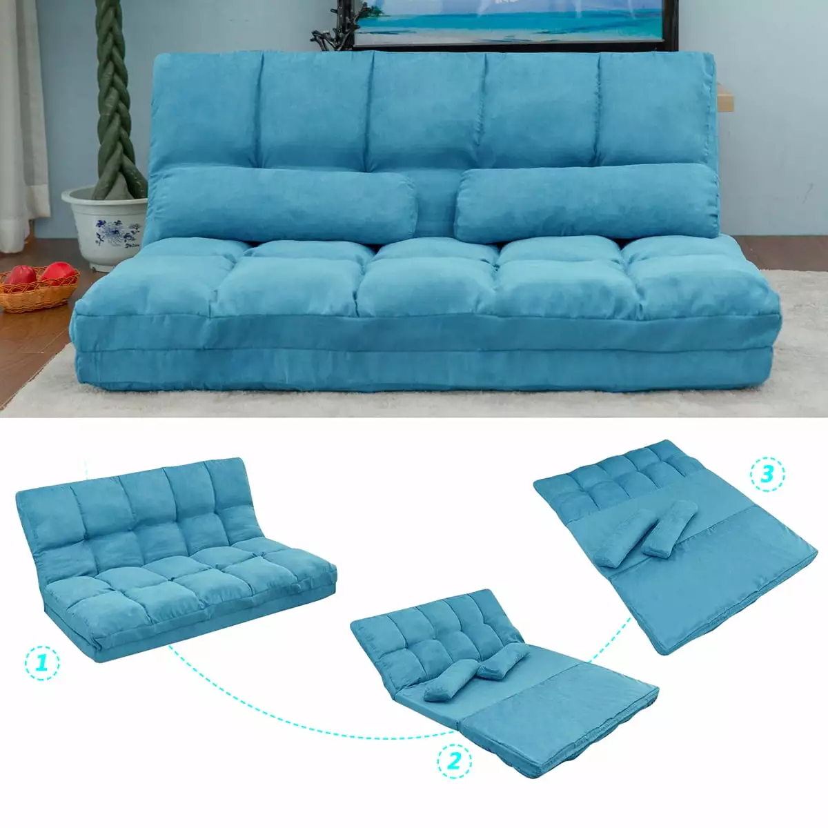 Double Chaise Lounge Sofa 5 Position Adjustable Backrest and 2 Pillows Blue CSHPO